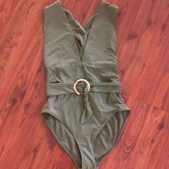 NEW Time and Tru Olive green, one piece, low-cut, bathing suit, gold ring, size - Picture 1 of 6